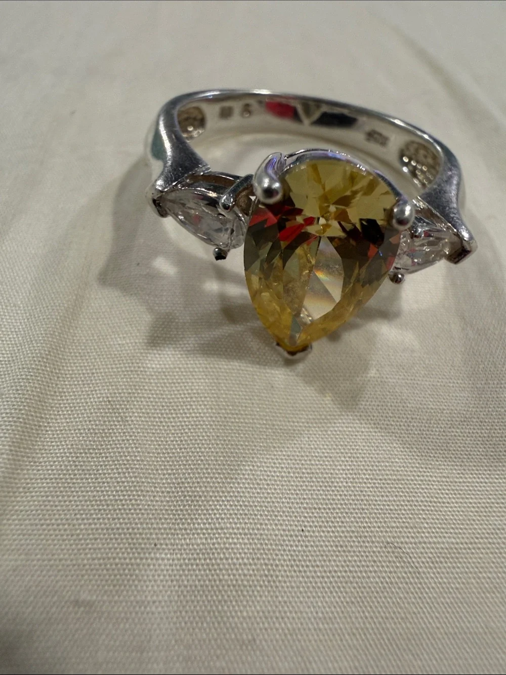 925 Silver Pear-Cut Yellow Citrine Ring with Side Cubic Zirconia stones